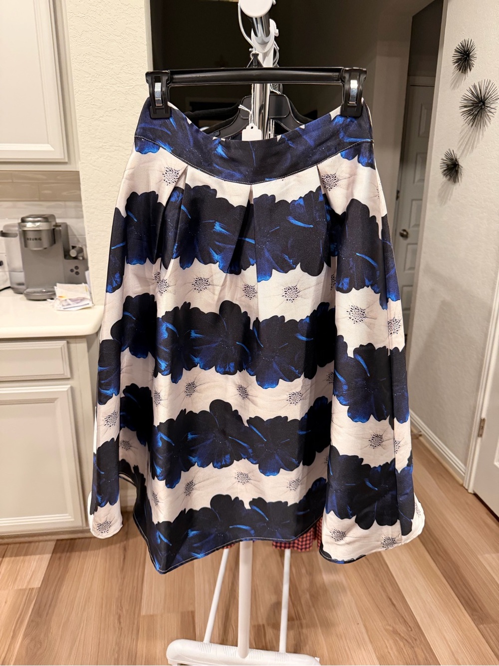 Floral A-Line Midi Skirt in Blue and White